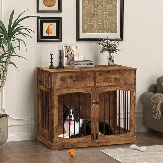 BREEZEHEAT 40 inch Dog Crate Furniture-Farmhouse Dog Kennel with Drawers-End Table Wooden Pet Crate, Double Door Design, Decorative Dog House Indoor for Small Medium Large Dog,Rustic Brwon