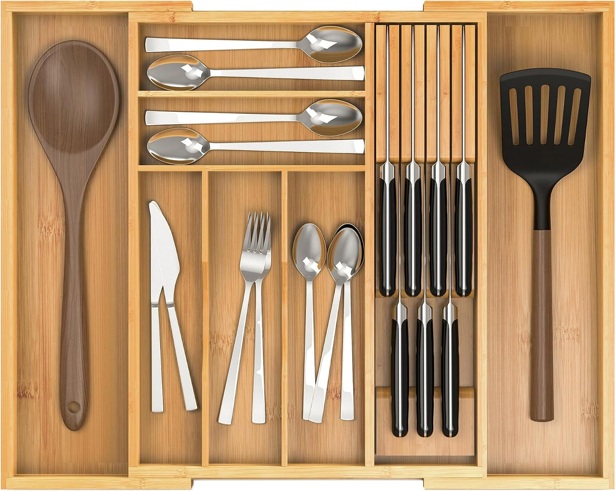 Bamboo Silverware Drawer Organizer, 6-8 Slots Kitchen Drawer Tray