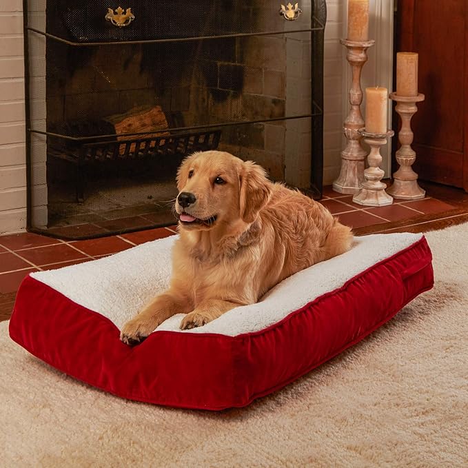 South Pine Porch Buddy Reversible Rectangle Pillow Style Microfiber and Sherpa Dog Bed with Removable, Machine-Washable Cover, Crimson Sherpa, Small (36 in. x 24 in.)