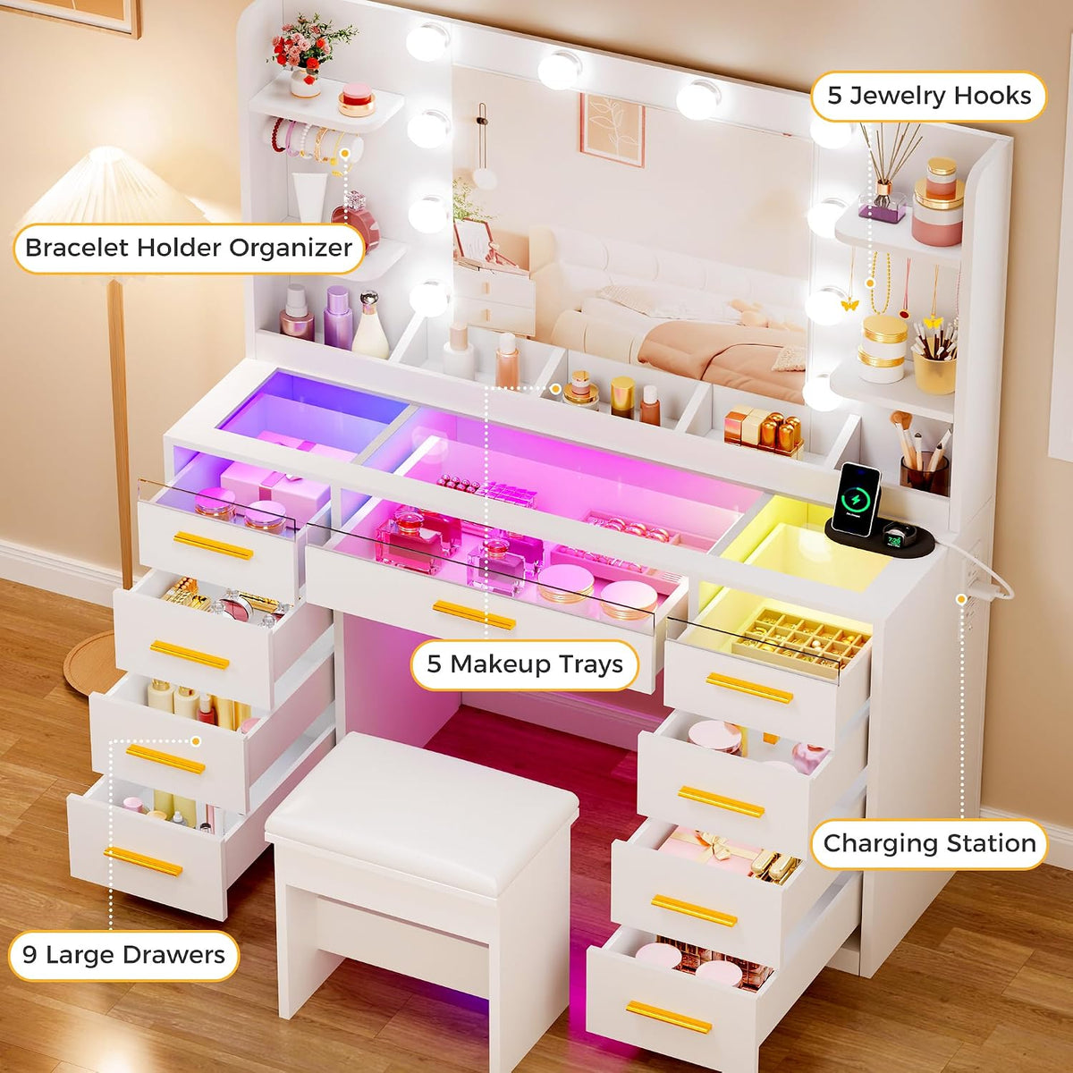 ANWBROAD Large Vanity Desk with Mirror and Lights & Transparent Glass Top