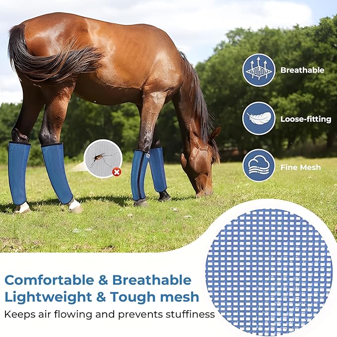Mesh Horse Fly Boots Set of 4，Adjustable and Universal Loose Fitting & Non-Slip Horse Fly Leggings for Horses,Reduce Stressful Stomping (Blue)