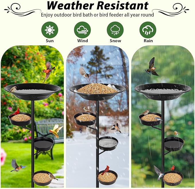 BOLITE Bird Bath for Outside, Metal Freestanding Birdbaths with Bath Bowl and Seed Bowl, Hummingbird Feeders for Outdoors Garden Patio Yard Lawn Decor, Black, Gifts for Mom Dad, Gifts for Women Men
