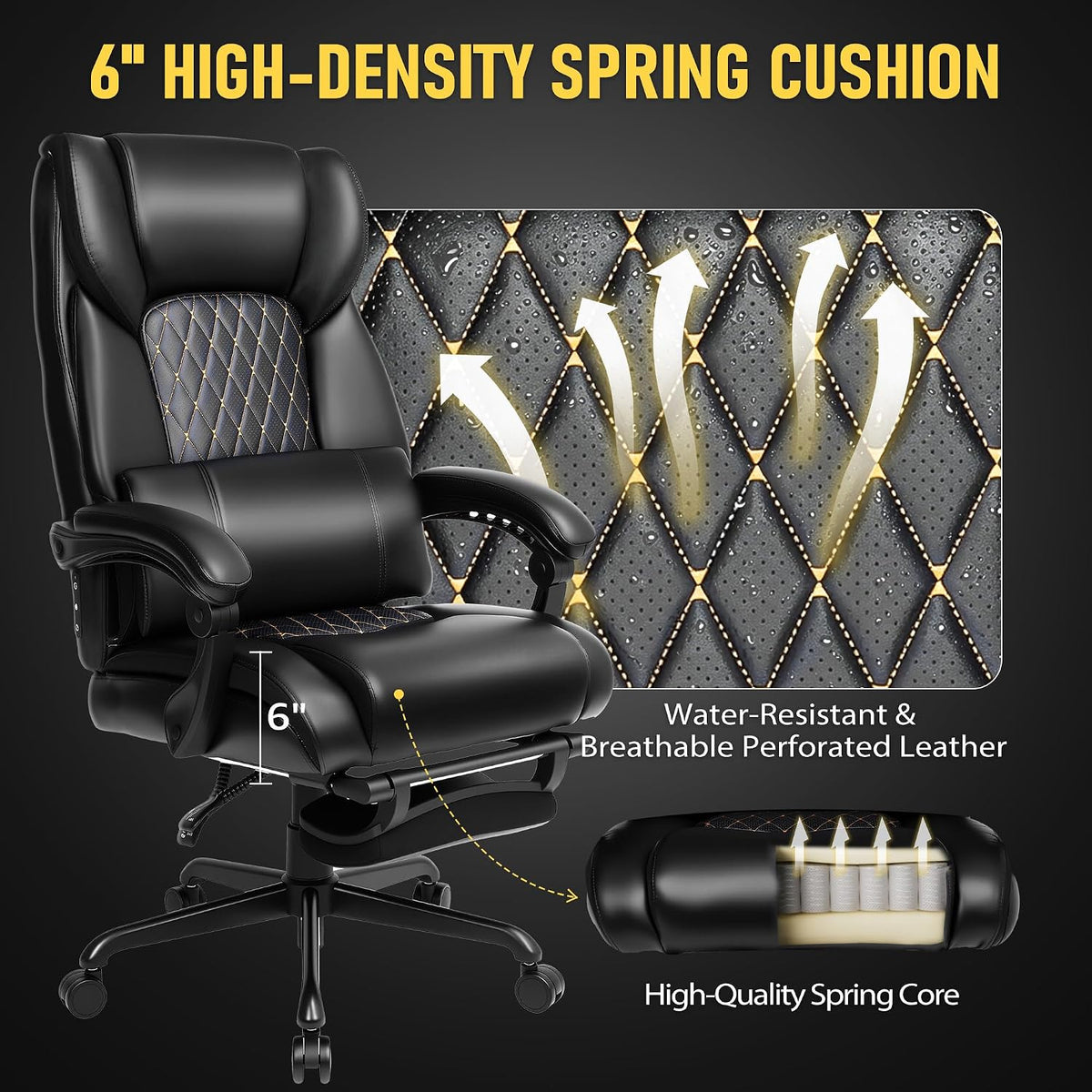3D Kneading Massage Office Chair with Heat, 500 lbs Big and Tall Executive Computer Desk Recliner, Leather Electric Heated Chair with Footrest, Black