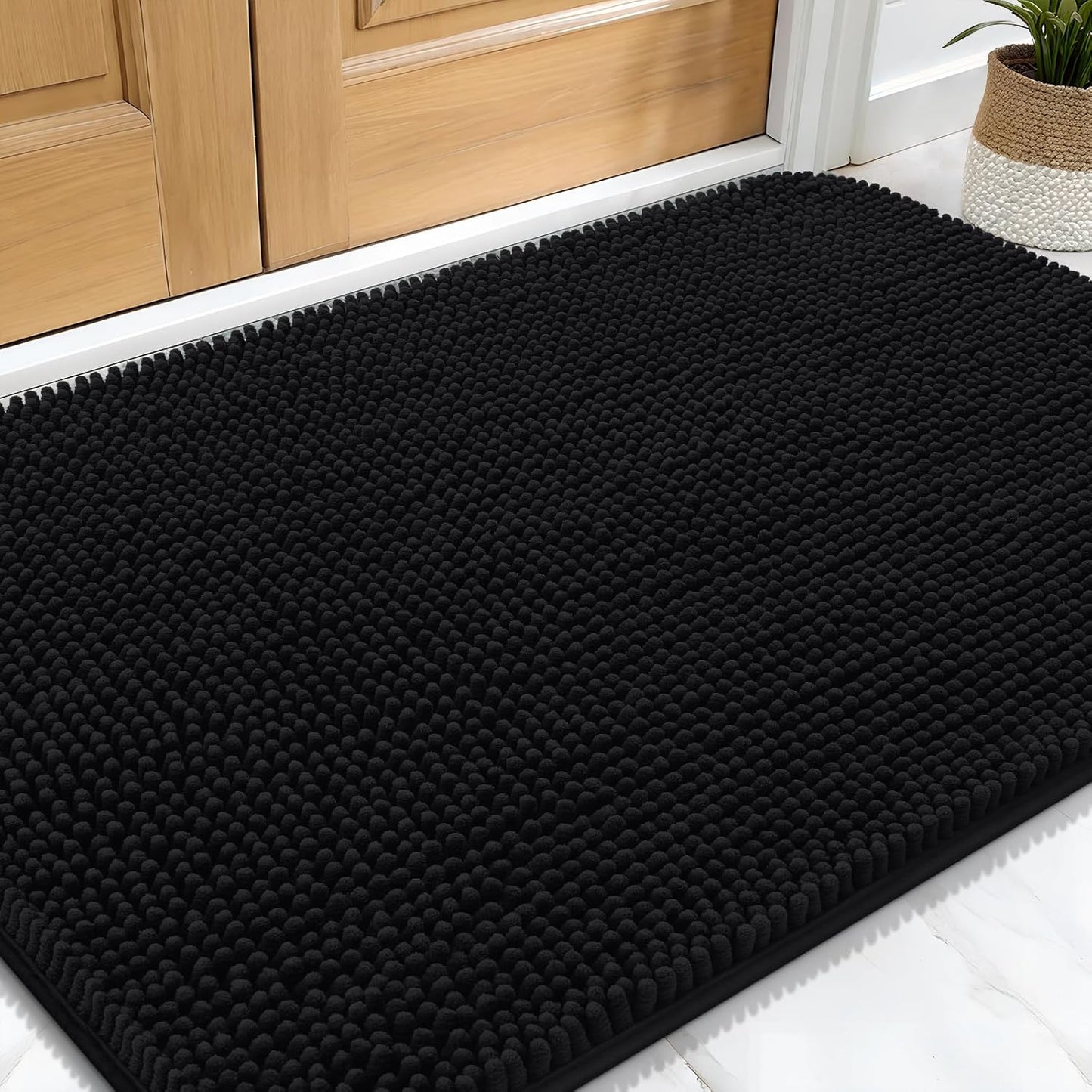 OLANLY Dog Door Mat for Muddy Paws 34x21, Absorbs Moisture and Dirt, Absorbent Non-Slip Washable Doormat, Quick Dry Chenille Mud Mat for Dogs, Entry Indoor Entryway Carpet for Inside Floor, Black