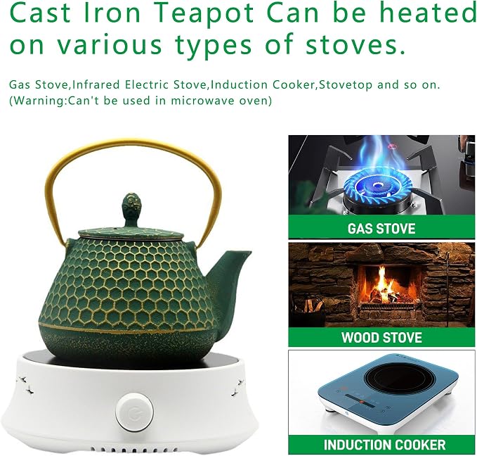YJX Cast Iron Teapot and Tea Cups Set, 33.8oz Hexagon Pattern Tea Set