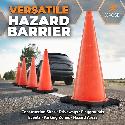 Xpose Safety 28 Inch Orange Traffic Cones, 4-Pack - Multipurpose PVC Plastic Safety Cone for Parking, Soccer, Caution, Kids and Construction - DOT Approved