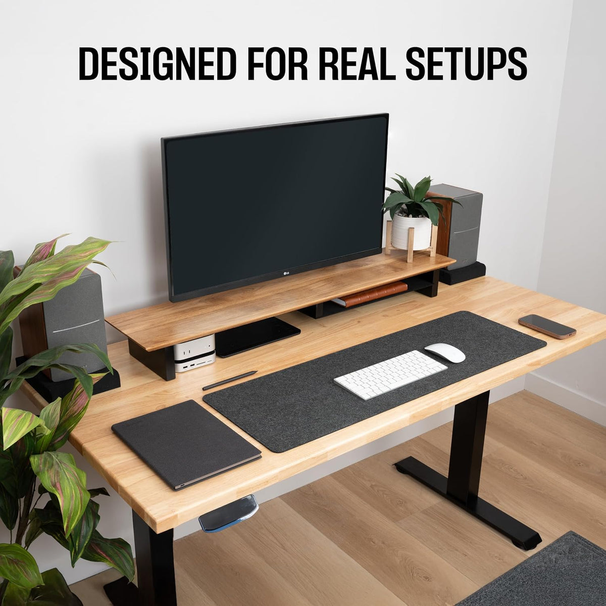 COREMINDED Solid Wood Dual Monitor Stand Riser, 42 Inch Oak Desk Shelf