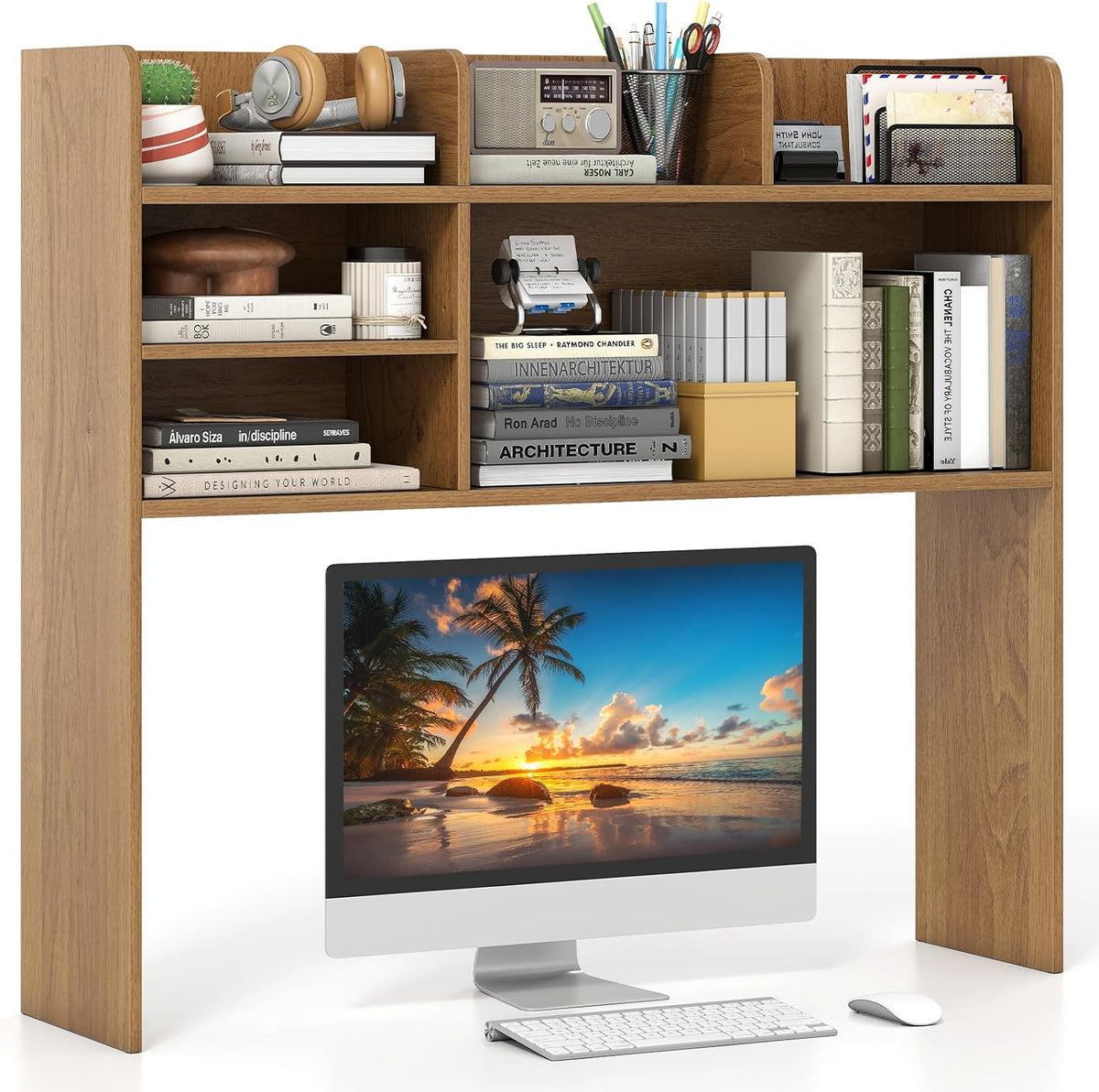 GIANTEX Desktop Bookshelf, 37" Desk Hutch Dorm for Computer Up to 32 Inch, Countertop Hutch w/6 Storage Shelves, 3-Tier Desktop Organizer Display Rack, Wood Desk Shelf for Home Office (Natural)