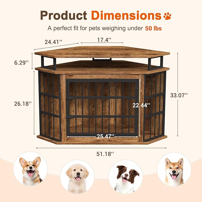 Corner Dog Crate Furniture with 2-Tier Shelves，51" Large Dog Kennel with Storage Indoor Wooden TV Stand, Modern Dog Cage Decorative Pet House, Rustic Brown