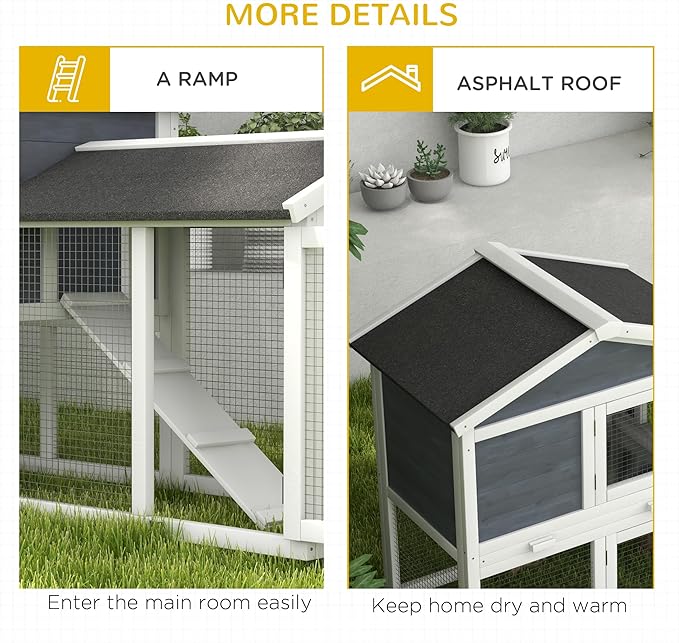 PawHut 58" Large Rabbit Hutch Outdoor Indoor, Wooden Bunny Hutch, Guinea Pig Cage with Run, Removable Tray, Asphalt Roof, Lockable Doors and Ramp, for 1-2 Small Rabbits, Gray