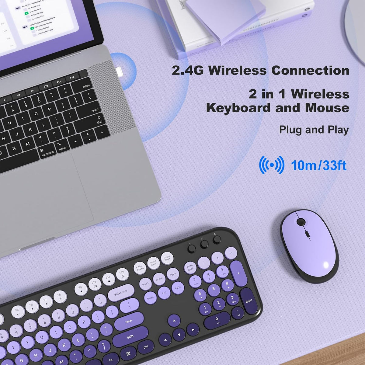 MOFII Wireless Keyboard and Mouse Combo - Blackpurple-Gradient Full-Sized Plug and Play Colorful Computer Keyboards - 104 Keys Round Keycap USB 2.4G Cute Keyboard for Windows/Laptop/Mac/Desktop/PC