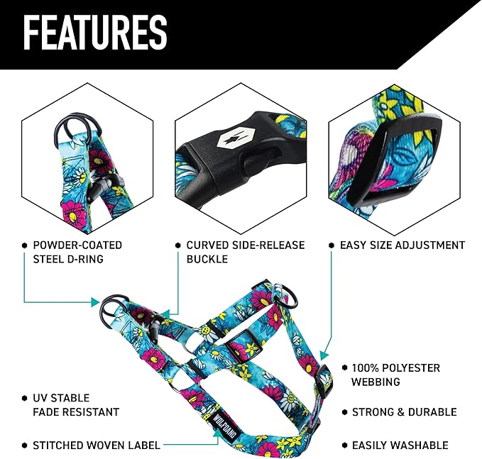 Wolfgang Heavy Duty Adjustable Dog Harness, Pull-Tested for Walking & Training, LazyDaisy Print, Medium