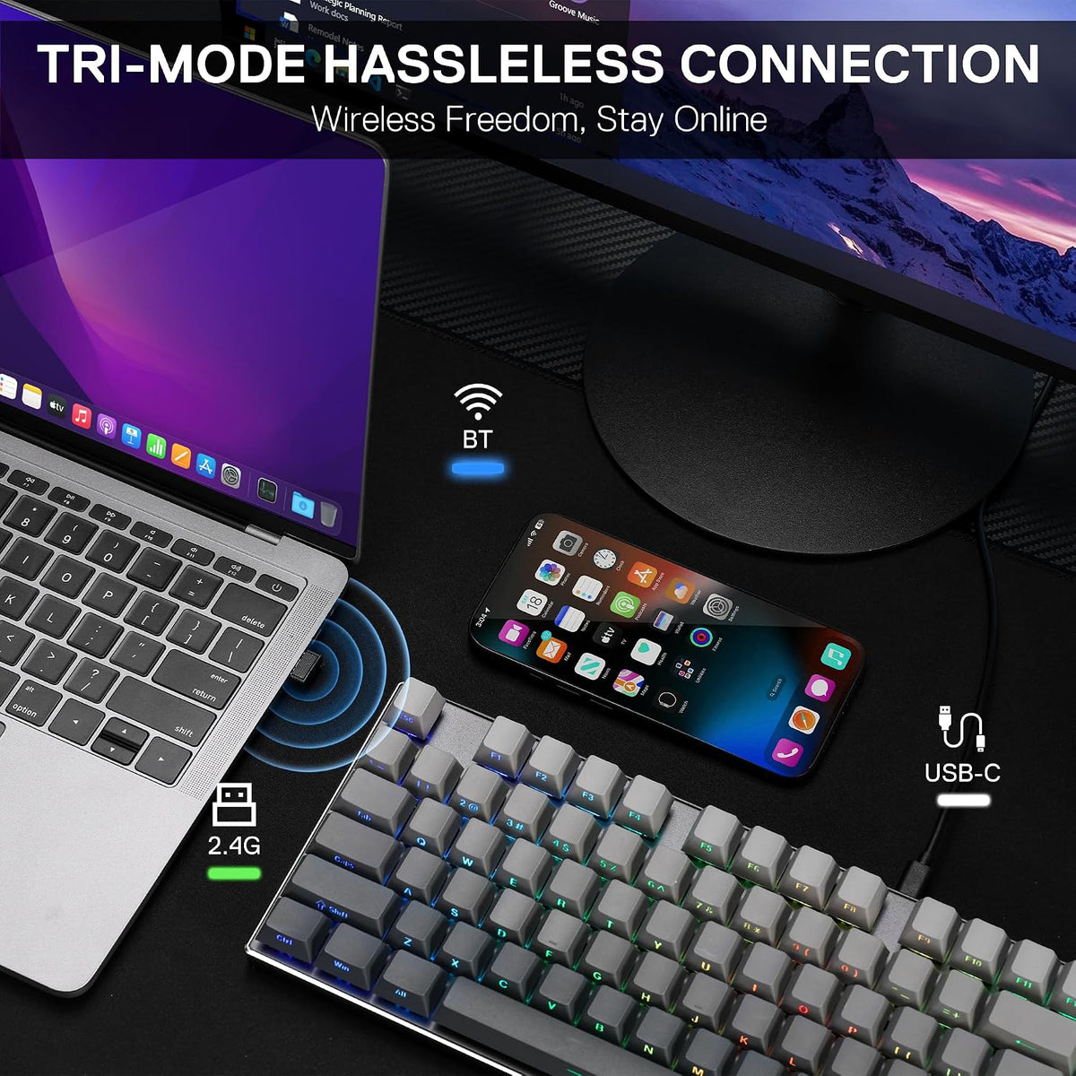 Redragon K556 PRO Wireless RGB Gaming Keyboard, Aluminum Board, PBT Keycaps