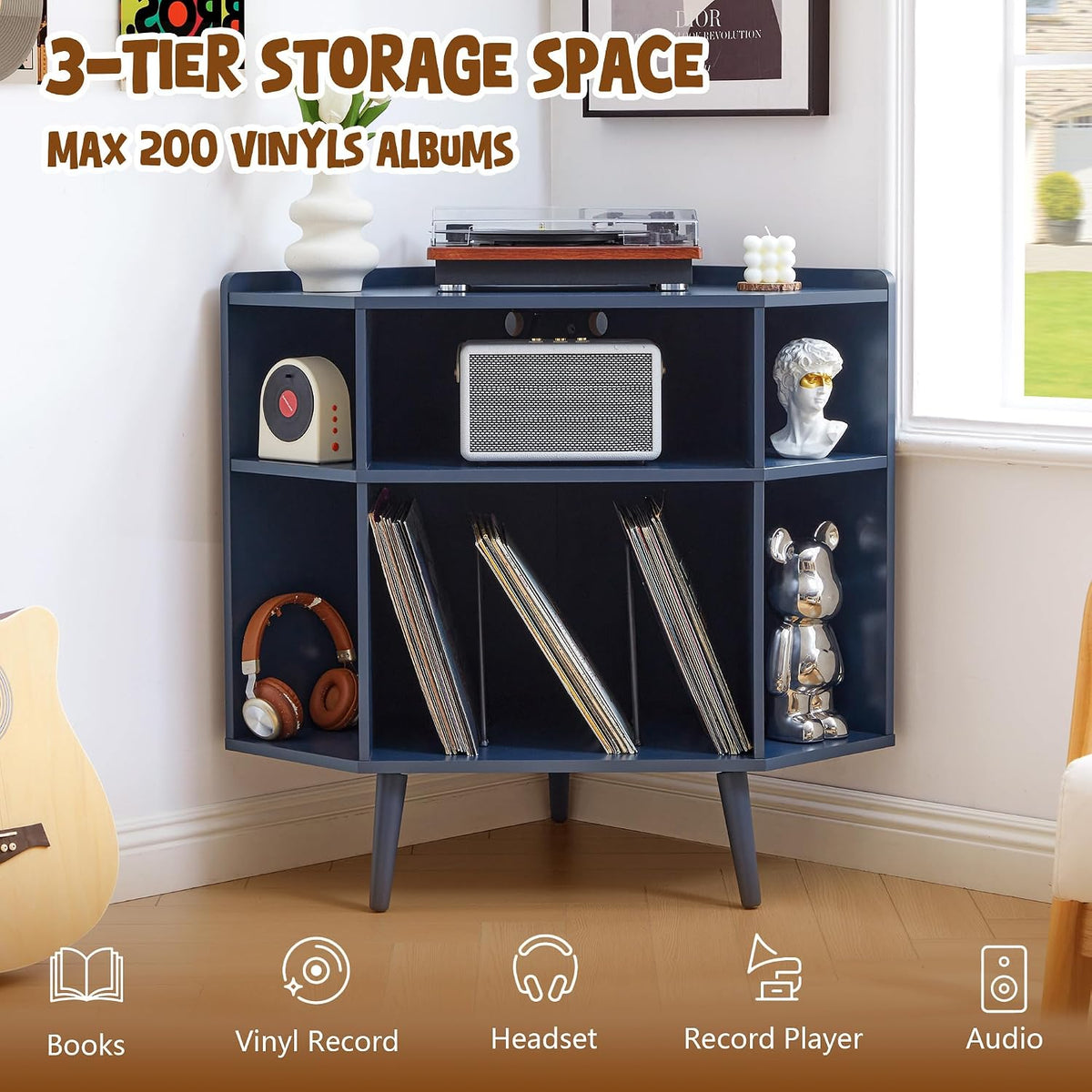 Corner Record Player Stand with Charging Station & USB Ports