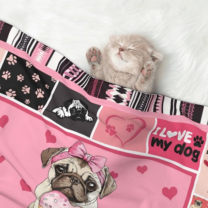 Pug Throw Blanket - Paw Print Blanket for Dog Cat Pink Pet Blankets 23x16 for Couch Sofa Bed