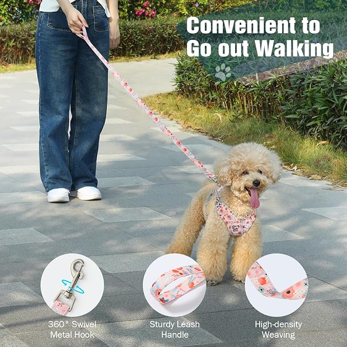Pawaboo Small Dog Harness and Leash Set, Puppy Harness X-Frame No Pull No Choke, Dog Vest Harnesses Adjustable for Small Medium Sized Dogs,Soft Breathable Pet Harnesses for Walking, M, Pink Flowers
