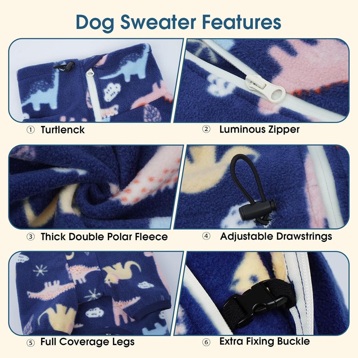ROZKITCH Dog Clothes for Large Dogs Soft Fleece Pullover Pajamas, Pet Windproof Warm Cold Weather Jacket Vest with Reflective Zipper, Jumpsuit Apparel Outfit Clothes for Large Dog Dinosaur 2XL