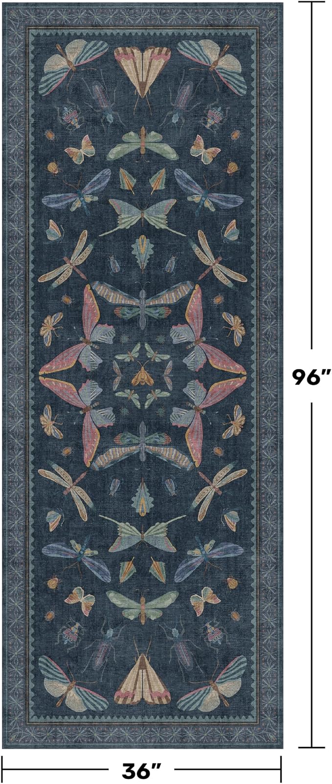 Vintage Dark Blue Insect Moth Runner Rug 3x8, Non Slip Washable Carpet