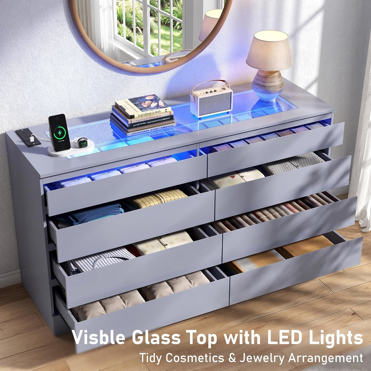 Gyfimioe 8 Drawer Dresser with Power Outlet, White Dresser for Bedroom Chest of Drawer with Glass Top & LED Light, Modern Double Wide Drawer Organizer Cabinet for Living Room (Grey)