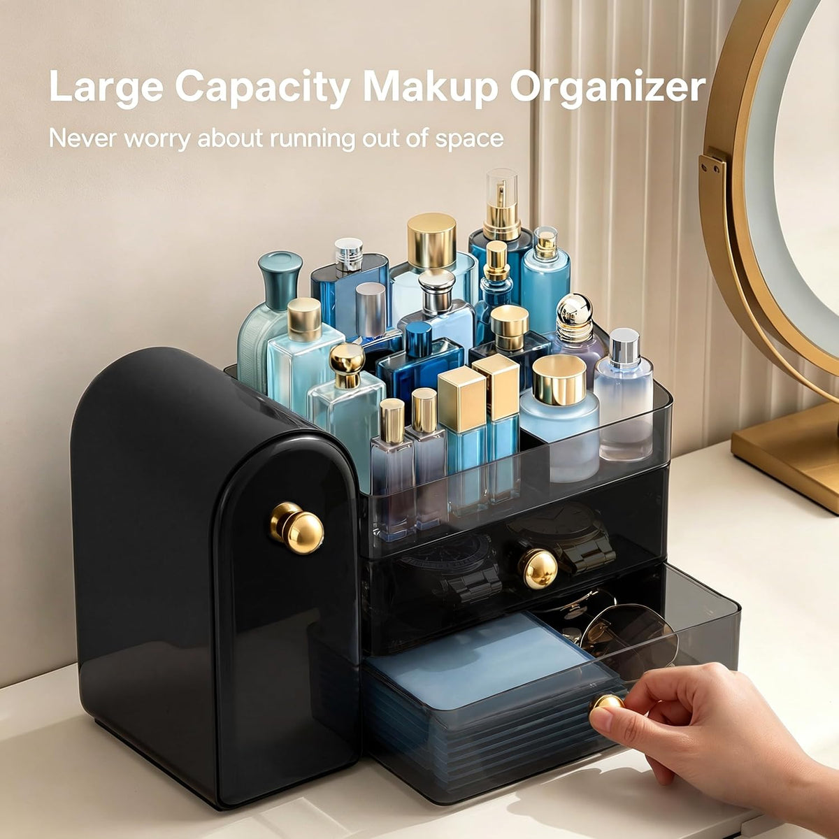 HBlife Makeup Organizer Countertop with Drawers, Cologne Organizer for Men, Vanity Organizers with Brush Holder, Bathroom Countertop Organizer Skin Care Storage, Gift for Dad Husband, Black and Gold