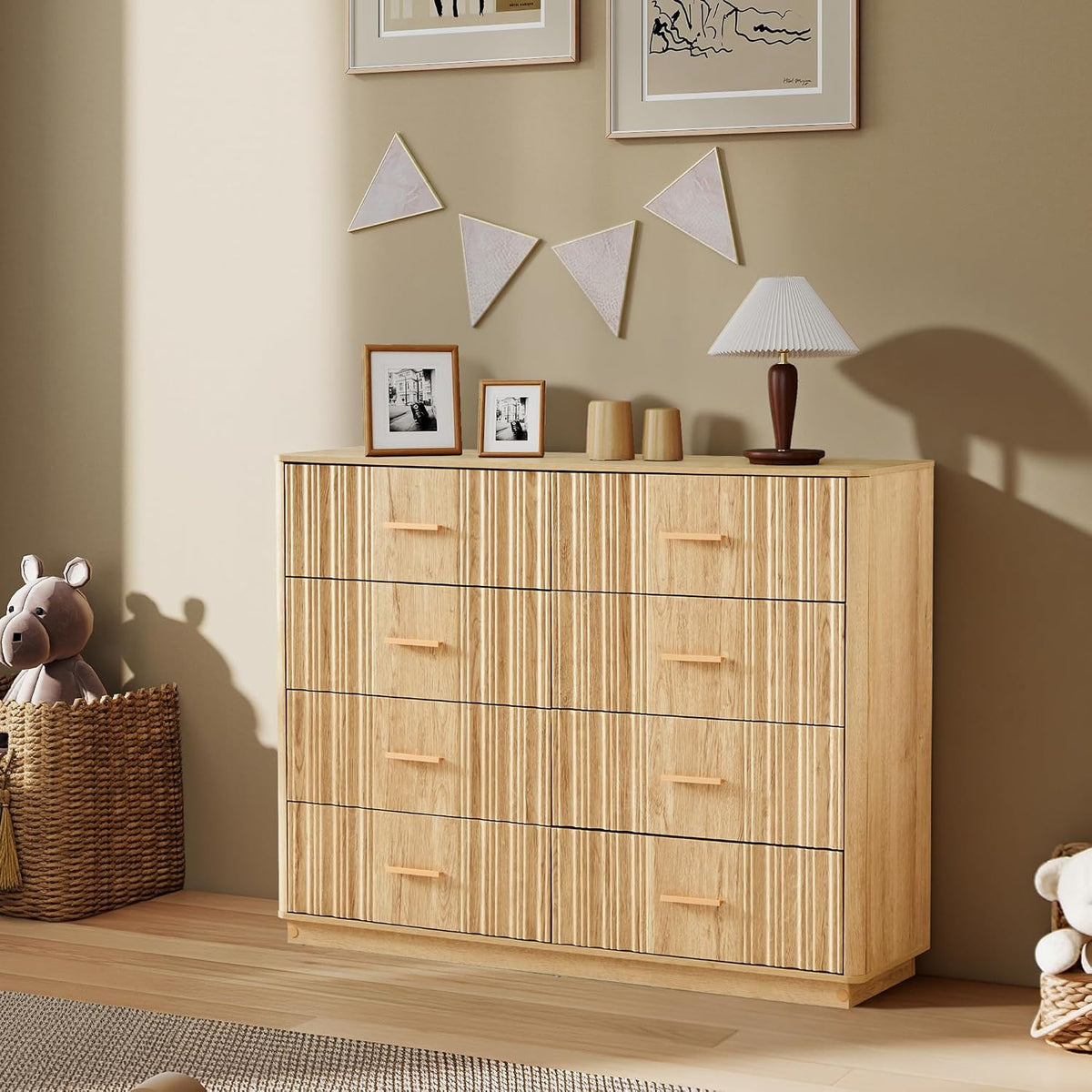 Fluted Dresser for Bedroom with 8 Drawers, 47" Wide Mid Century Modern Chest of Drawers, Wooden Dresser TV Stand, Wood Closet Clothes Storage Organizer for Living Room Hallway, Natural