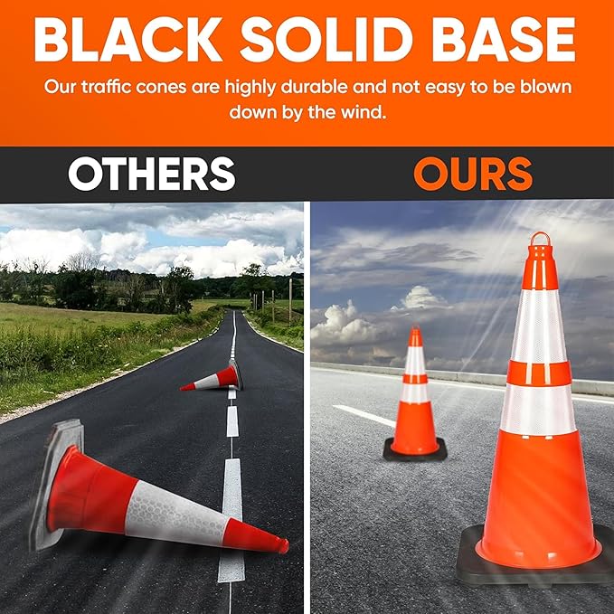 Pyle 28-Inch Safety Traffic Cones, 4-Pack Orange Parking Cones with Reflective Collars, Stackable PVC Construction for Roadwork, Sports Training & Events, Solid High-Density Base for Stability