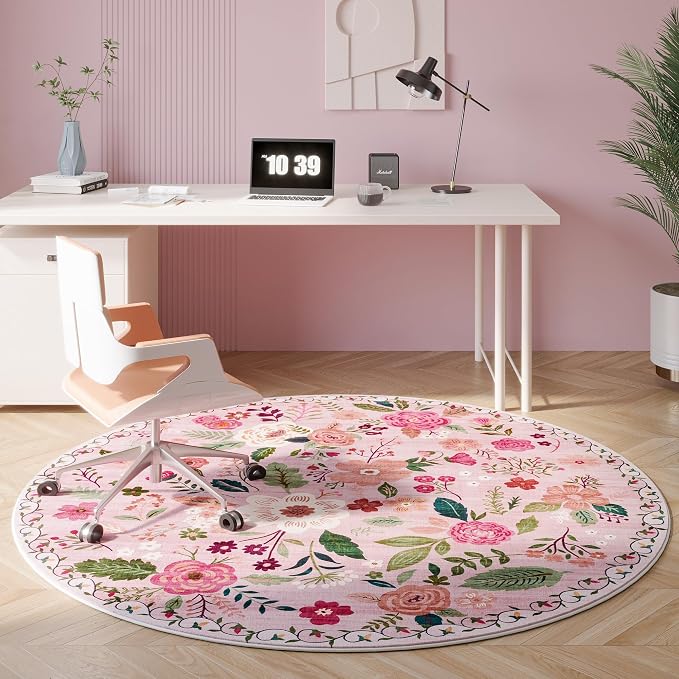 Rugcomf Round Rug 6ft Washable Circle Rug Non Slip Low Pile Boho Floral Small