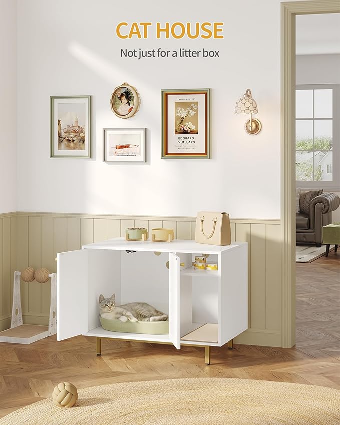 Cat Litter Box Enclosure Enclosed, Hidden Litter Box Cabinet Furniture with Storage, Wooden Indoor Cat House Large, Modern End Table for Living Room Entryway, White and Gold 01503GCLB