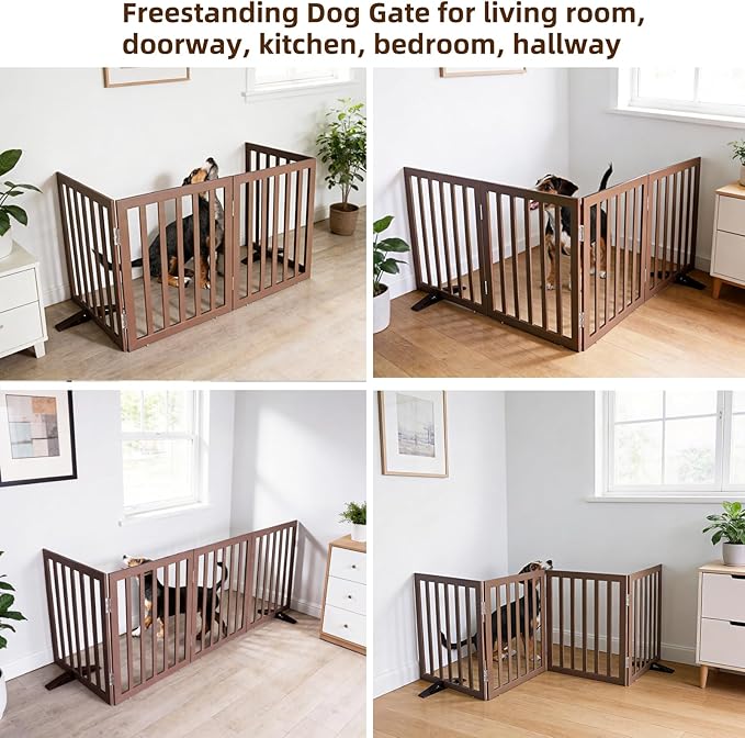 ZJSF Freestanding Indoor Dog Gate for House Foldable Wood Puppy Gate for Doorways Pet Gate for Stairs Extra Wide Pet Fence, Brown, 32" Height 4 Panels