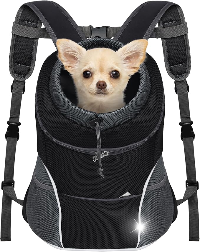 YUDODO Dog Front Carrier Backpack, Adjustable Breathable Pet Carrier for Small Dogs Cats, Ventilated Puppy Back Pack with Safety Belt, Lightweight Doggy Backpack for Hiking Outdoor (Black, Medium)
