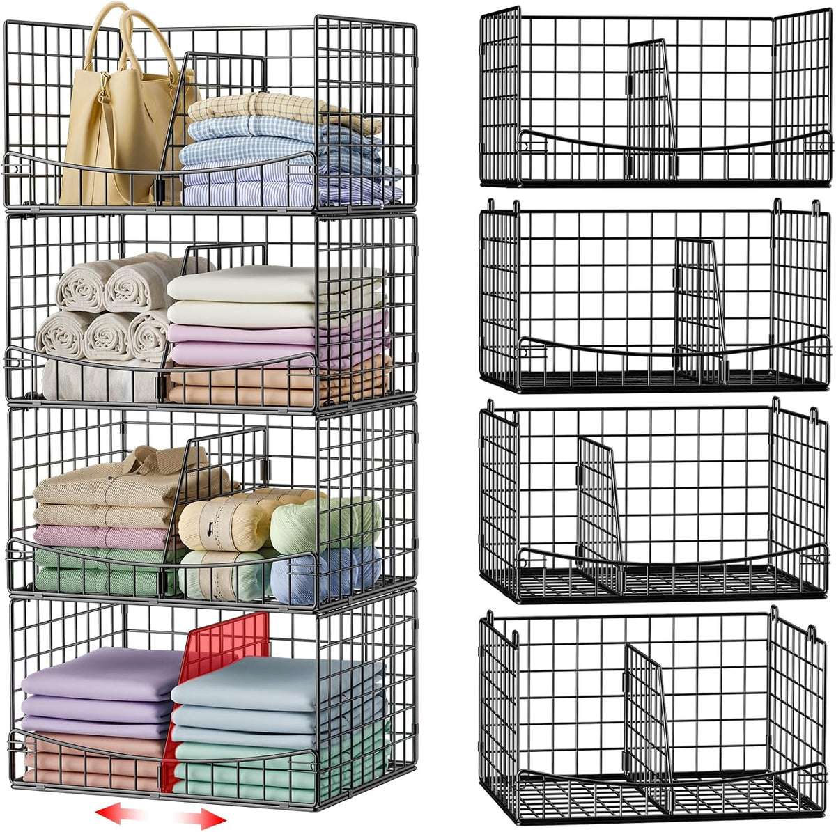 Hongtamoya 4-Tier Closet Organizers and Storage Basket with Divider, Foldable Closet Shelf Organizer System, Space-Saving Clothes Storage Drawer Organizer Bins for Wardrobe Cupboard, Black