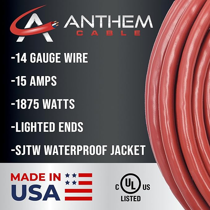 15 ft - 14 Gauge Extension Cord Outdoor - Made in USA - Lighted on Both Ends - Red Outdoor Extension_Cord Waterproof by Anthem Cable - Heavy Duty ExtensionCord 15 ft 15 Amp Extension