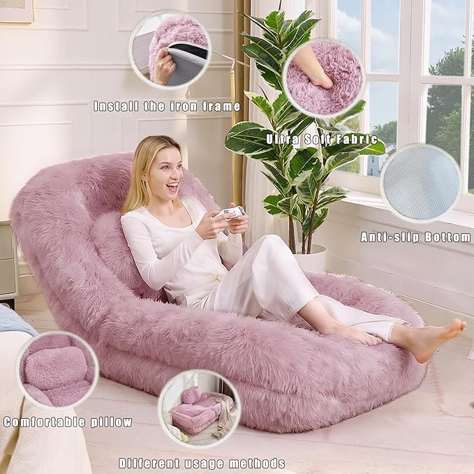 Human Dog Bed for Adult and Kids, Comfy Foldable Lazy Floor Sofa Bed with 5 Adjustable Position, Pink Upholstered Floor Bean Bag Lounger Chair for Bedroom, Living Room,Office (Pink)
