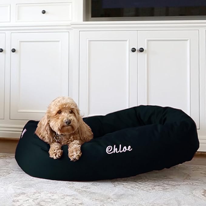 Majestic Pet Personalized 40 Inch Bagel Calming Dog Bed Washable – Cozy Soft Round Dog Bed with Spine Support for Dogs to Rest Their Head - Fluffy Donut Dog Bed 40x29x9 (Inch) - Large – Black