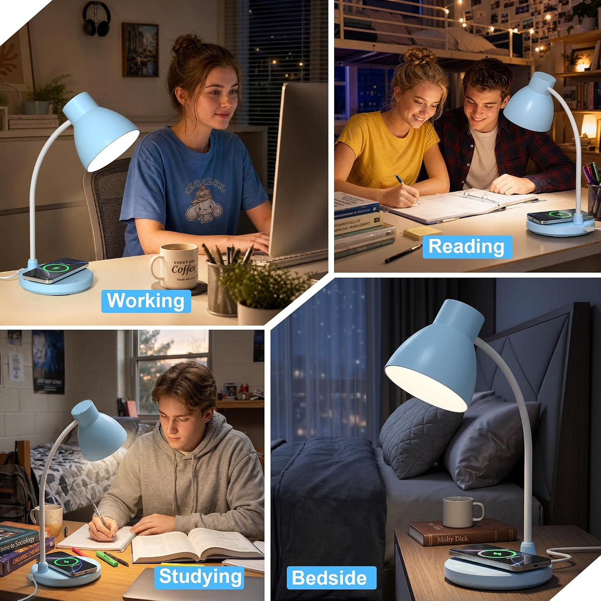 LED Desk Lamp for Home Office with Wireless Charger, Blue