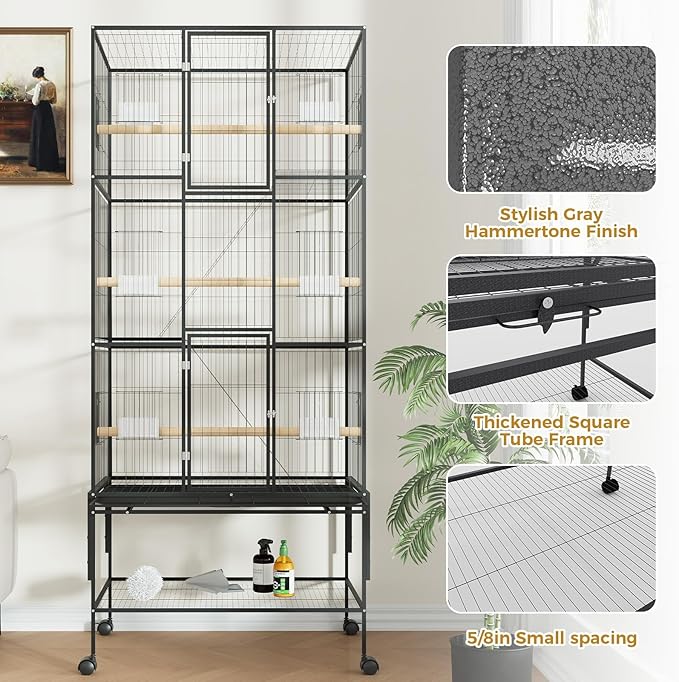 69 Inch Large Bird Flight Cage Rolling Parrot Cage with Storage Shelf for Mid-Sized Birds, Macaw Cockatiels Conures Parakeets Budgie Finch Black