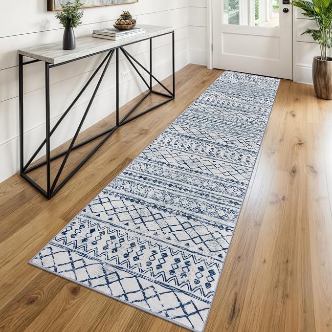 KUTA Moroccan Washable Hallway Runner Rug, 2x8 Non-Slip Vintage Blue White Boho