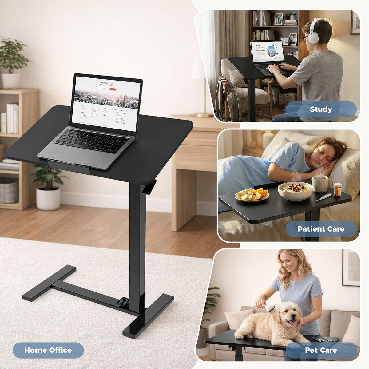 DUMOS Overbed Table with Wheels, Height-Adjustable Bedside Table, Black