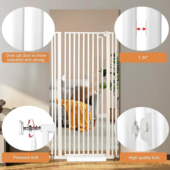 71“ Extra Tall Cat Gate for Doorway：29.4-33.4” Wide Pet Gate, Auto Close/One Handed Open, 1.34” Extra Small Gap, No Drill Pressure Mount Tall Cat Gate for Interior Stairs/Kitchens/Hallways (White)