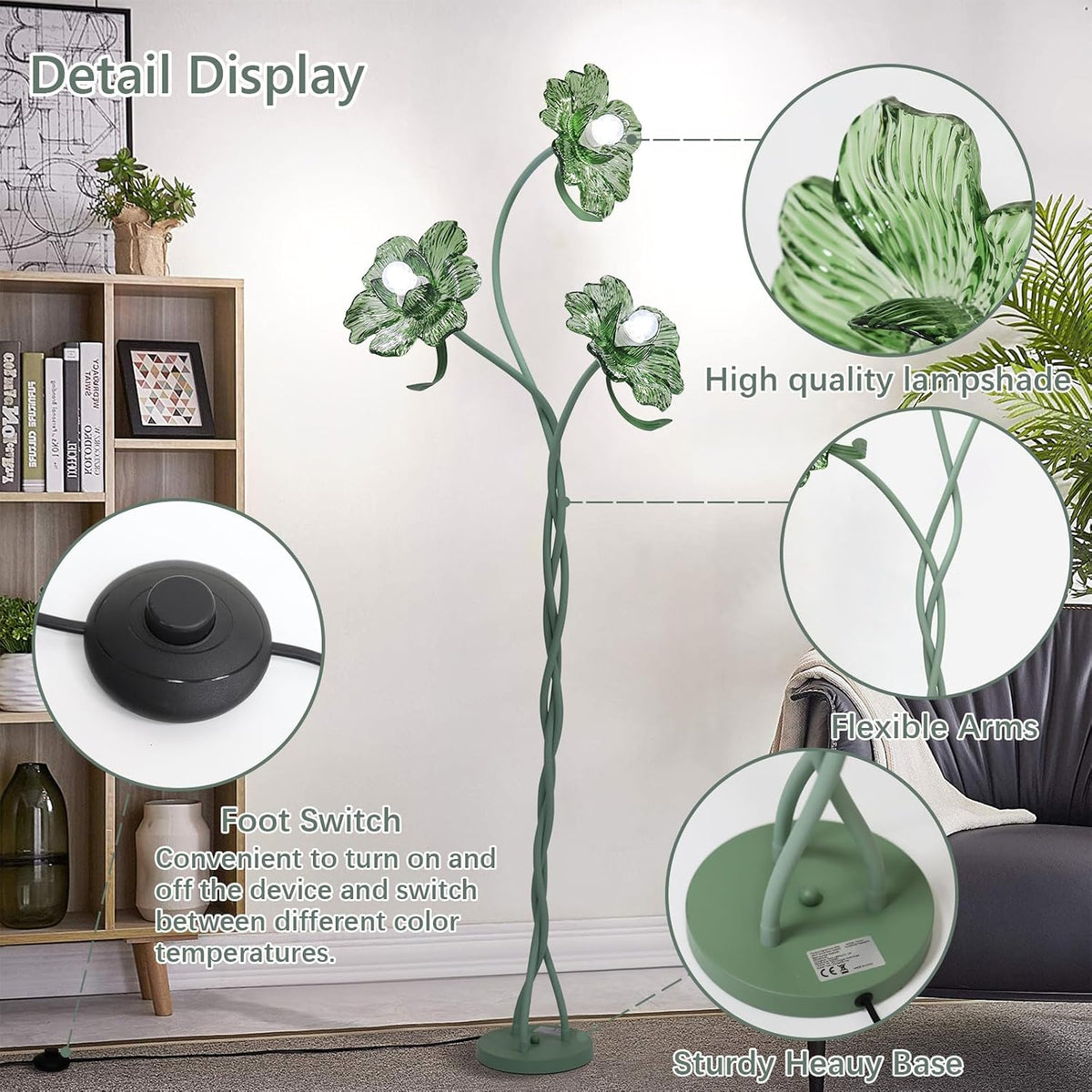 NewAoNaSen Vintage 3 Heads Flower Floor Lamp, Cute Floor Reading Light