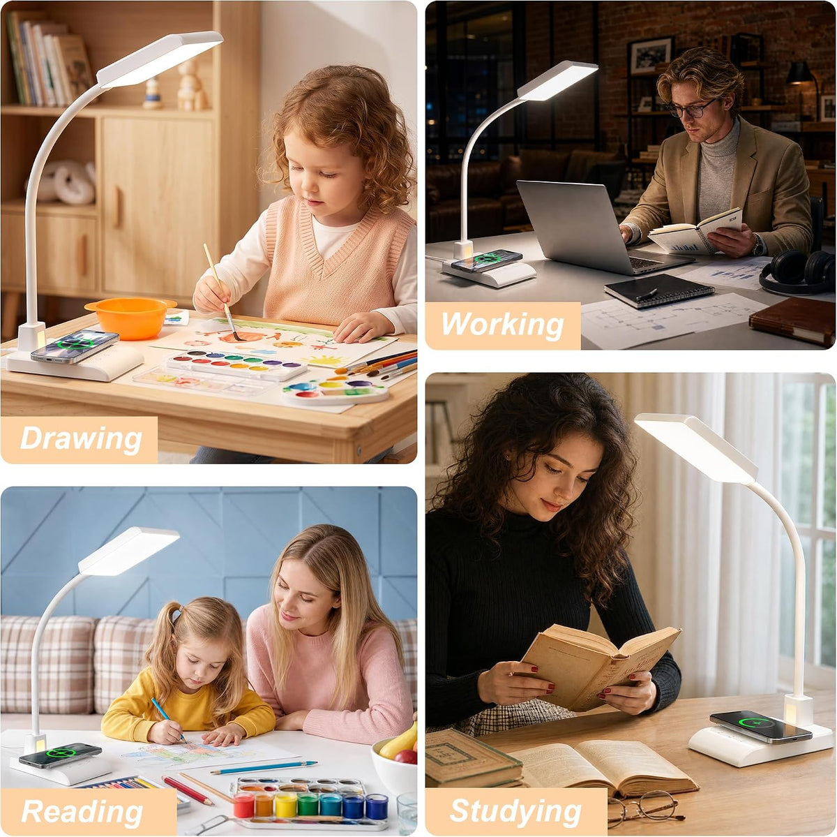 Desk Lamp with Wireless Charger LED Desk Lamps for Home Office White CRI90+