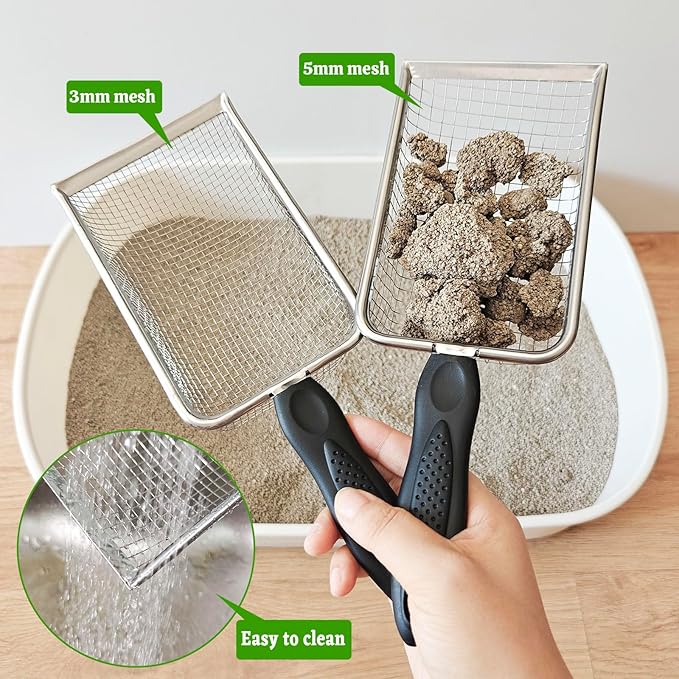 2Pcs Cat Litter Scoop Metal Stainless Steel Mesh Kitty Litter Scoop with Hook, Cat Scooper for Litter Box, Filter Small Pieces Quickly, Easy to Clean and Durable (3mm/5mm Mesh)