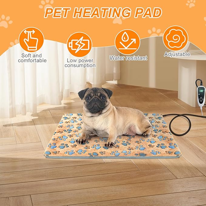 Dog Heating Pad,28×18 in Waterproof PVC Pet Heating Pad, Adjustable Thermostat+Constant On Function, Metal Protective Tube Comes with a Plush Cotton Sleeve，Whelping Box-Apricot
