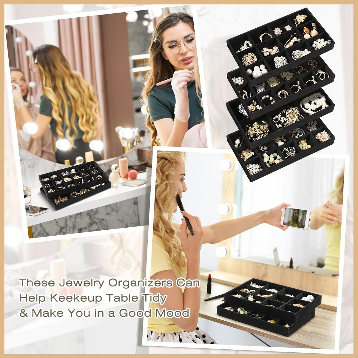 Junkin 12 Pcs Velvet Jewelry Organizer Tray, Stackable Storage