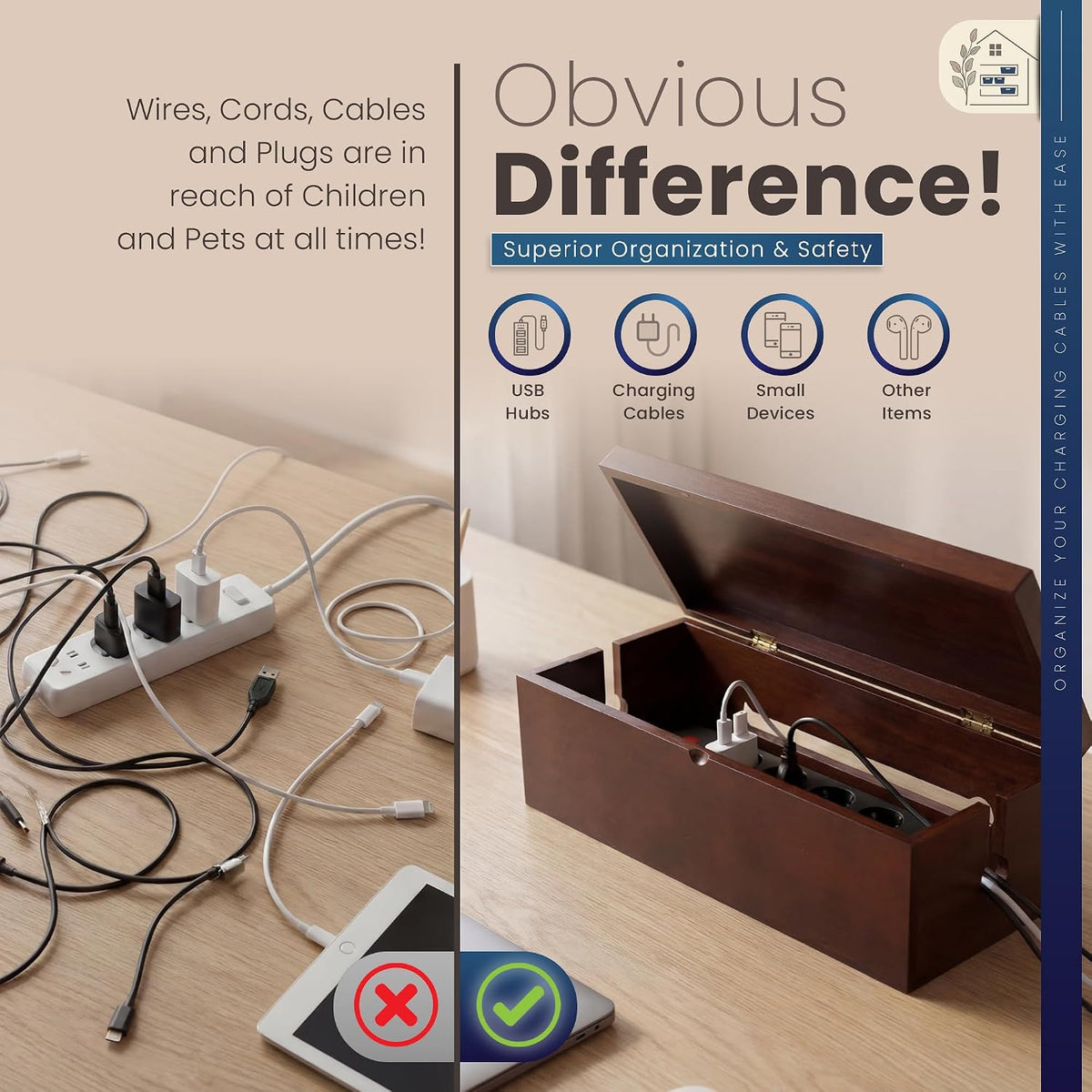 Solid Wood Cable Management Box - Large Cord Management Box Organizer; Cord Hiding Box for Desk; Wooden Storage for Chargers, Charging Station; Surge Protector, Power Strip