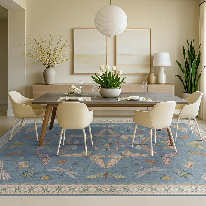 Washable Living Room Rug 8x10, Dusty Blue Area Rugs