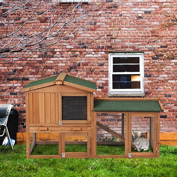 Tangkula Rabbit Hutch Indoor and Outdoor, 58-Inch Bunny Cage with Removable Tray & Ramp, Wood Chicken Coop with Waterproof Roof for Rabbits, Chicken and Guinea Pigs