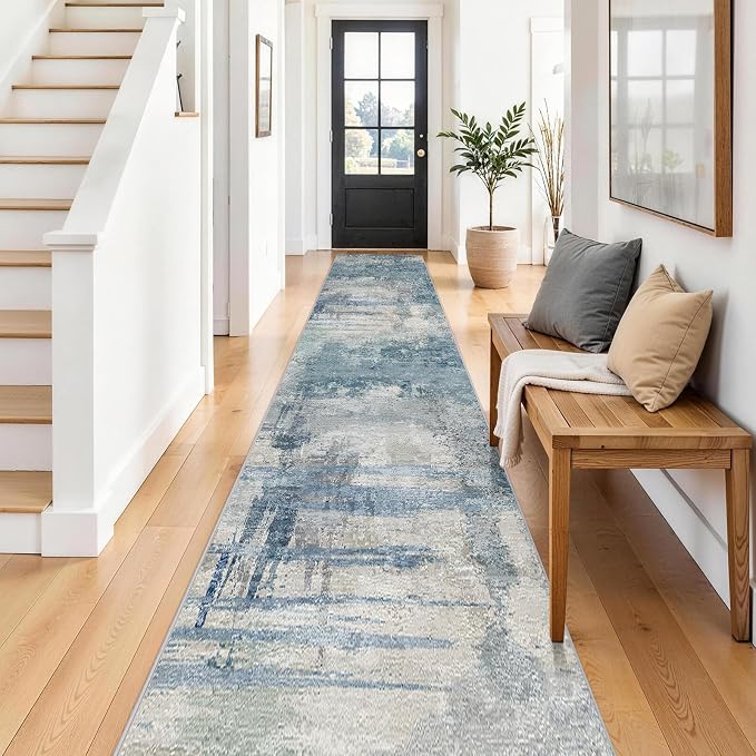 2.6x14 Extra Long Runner Rug Grey Abstract: Washable Non-Slip Carpet