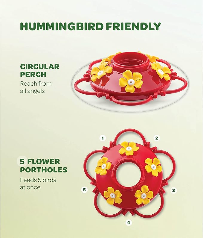 Hummingbird Feeder 10 oz Plastic Hummingbird Feeders for Outdoors, with Built-in Ant Guard - Circular Perch with 5 Feeding Ports - Wide Mouth for Easy Filling/2 Part Base for Easy Cleaning