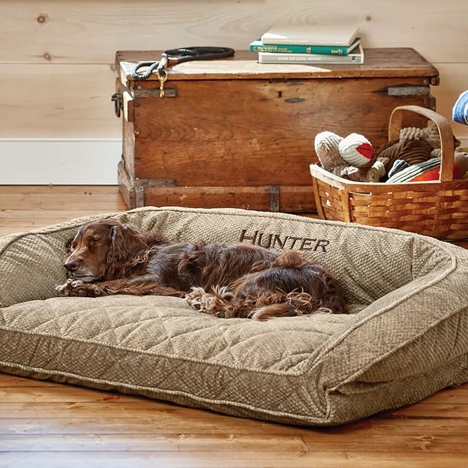 Orvis ComfortFill-Eco Bolster Dog Bed - Plush Rectangular Dog Beds with Three-Sided Bolster for Leaning, Brown Tweed - S